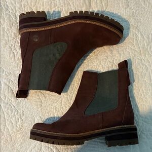 Red Timberland Chelsea Boots with Gray Accents W7.5